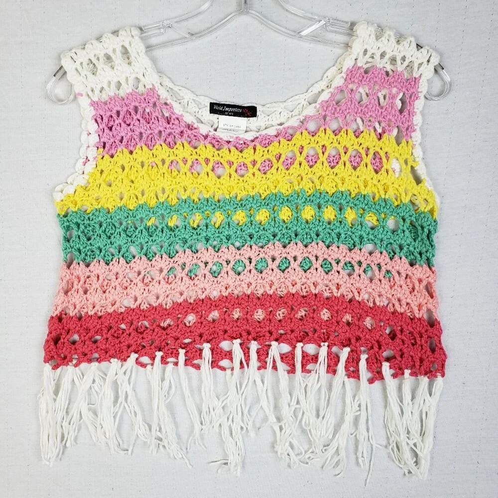 Vintage Y2K Boho Striped Colorful Fringe Crochet Knit 70s Sleeveless Top sz L/XL